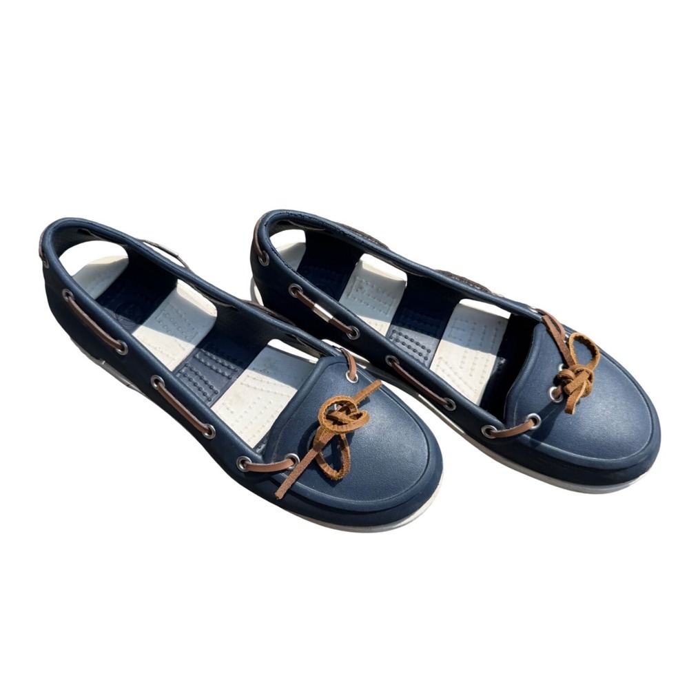Crocs Beach Line Boat Shoes Navy Blue White Leather Lace Loafers Womens 7